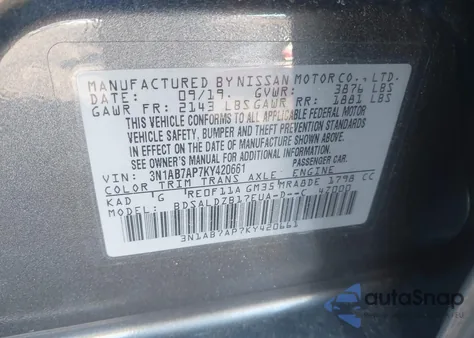 2019 Nissan Sentra Sv из США, поврежденный, VIN 3N1AB7AP7KY420661